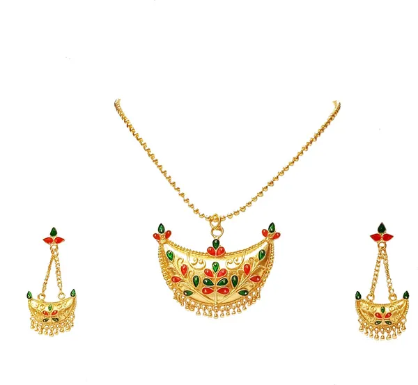 Assamese_Traditional_Gold_Plated_Red_Green_Colour_Joonbiri_Chain_Jewellery_Set_For_Women